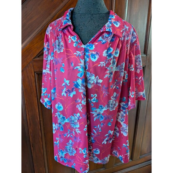 Anthony Richards Womens Floral Pink Top 4X Polyester Short Sleeve Smocked Design - Picture 1 of 7